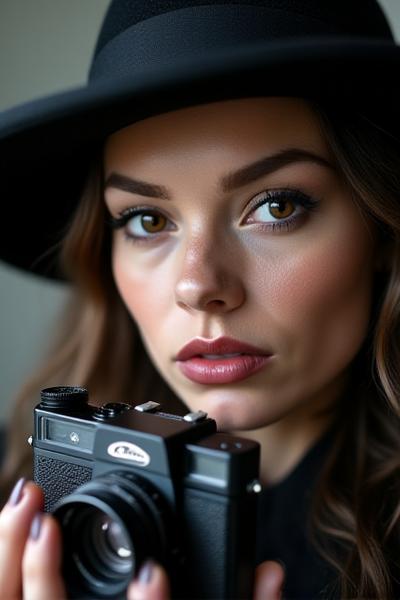 カメラを持つ男性とワイドブリムハット